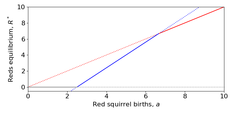 Bifurcation diagram for the competition model. Equilibirum densities of red squirrels, R, are on the vertical axis with values from 0 to 10. The red squirrel birth rate, a, is on the horizontal axis with values from 0 to 10. There are three lines on the plot:1. A line along R=0. This is solid until a is a little over 2, then dashed. 2. A line starting at R=0 and a=0 that increases to R=10 and a=10. It is dashed until a is just less than 7, and then solid. 3. A line starting at R=0 and a is just over 2, increasing to R=10 and a is around 9. The line is solid until a is just less than 7, then dashed.